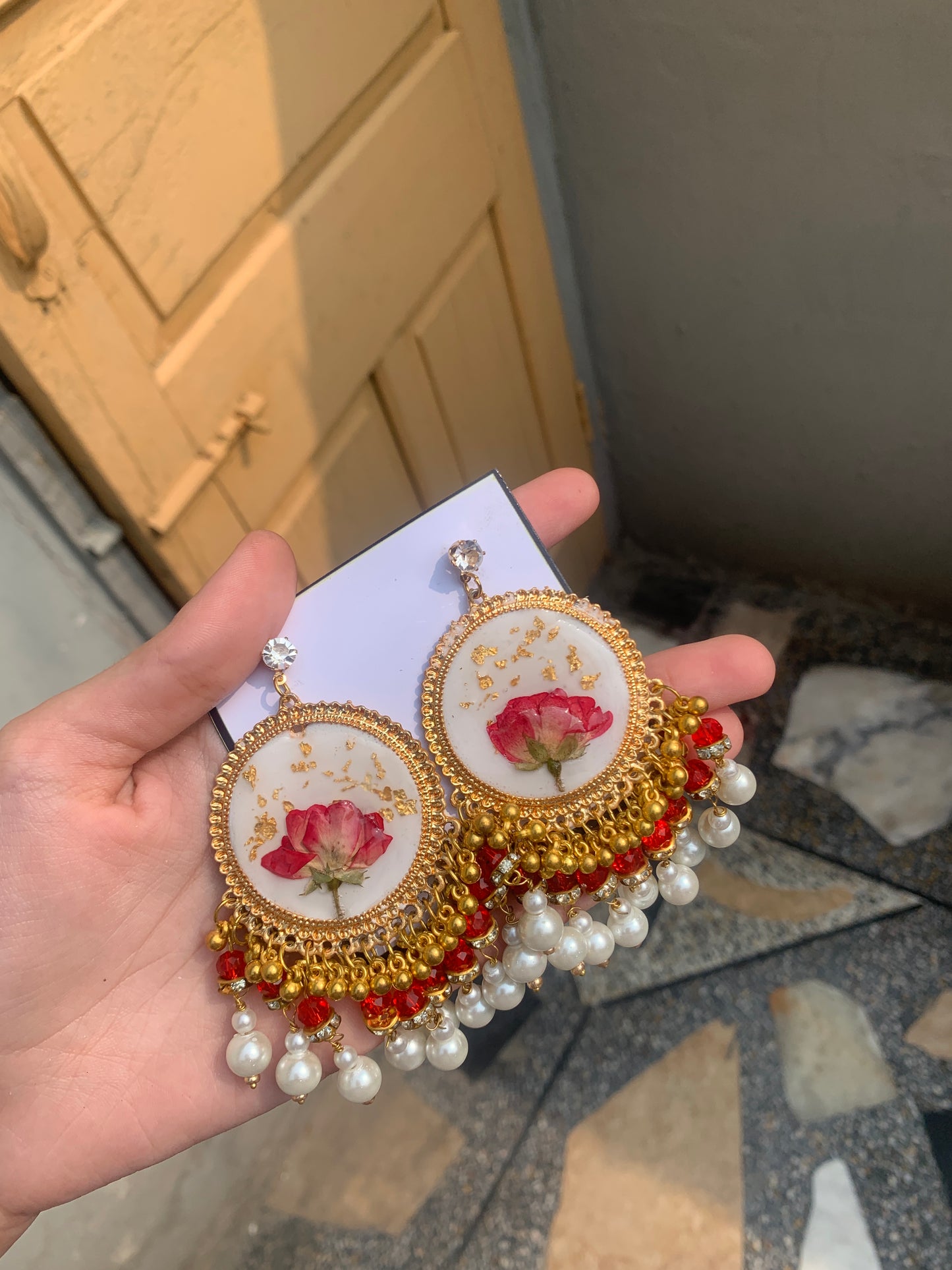 White with red rose Resin jhumkay