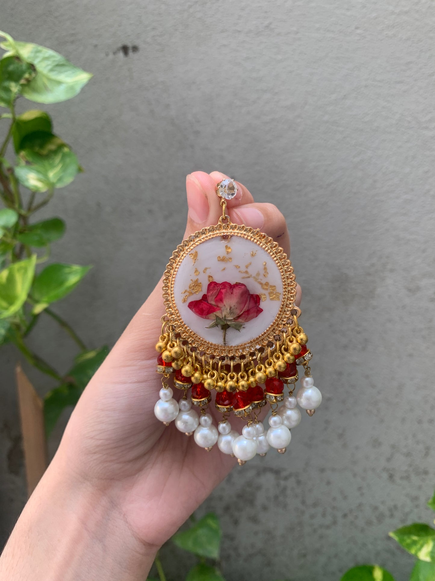 White with red rose Resin jhumkay