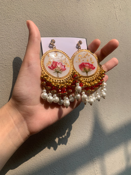 White with red rose Resin jhumkay